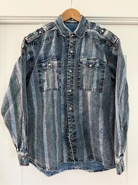 Vintage Zolo Club Women’s Western Denim Shirt Jacket Acid Wash Stripes Biker